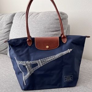 Longchamp Le Pilage Shoulder Bag with Eiffel Tower Print in Navy